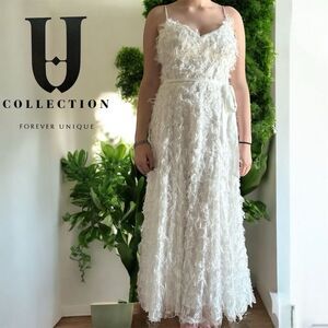 Forever Unique Bright White Eye Lash Ankle Length Spaghetti Strap Formal Dress